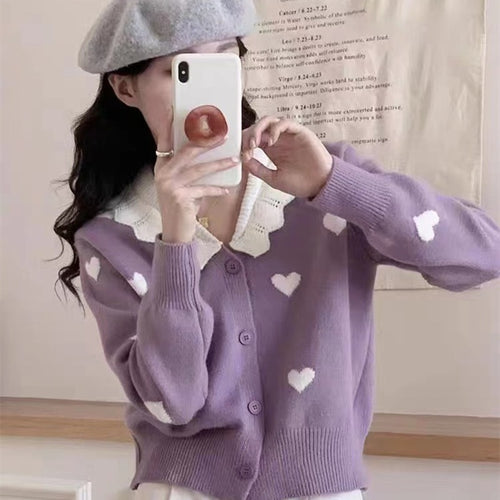 Knit jacket for women with heart pattern and classic collar Amarae