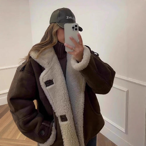Casual leather jacket for women with faux fur collar and button details Amarae