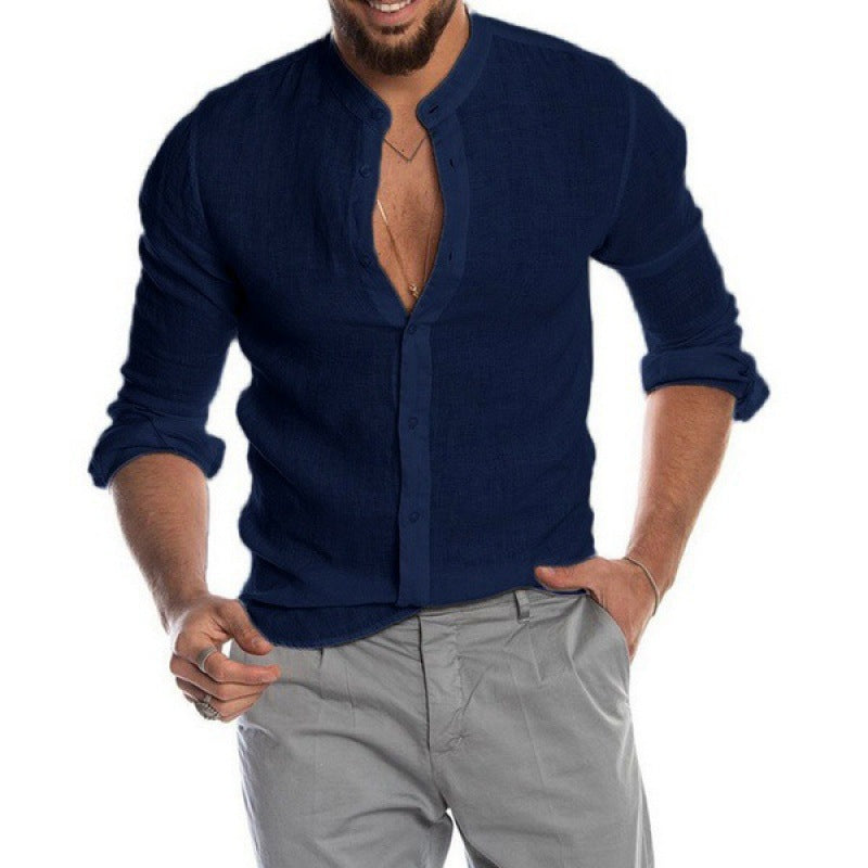 Men's Lightweight Linen Shirt with Stand-Up Collar, Slim Fit and Continuous Button Placket Amarae