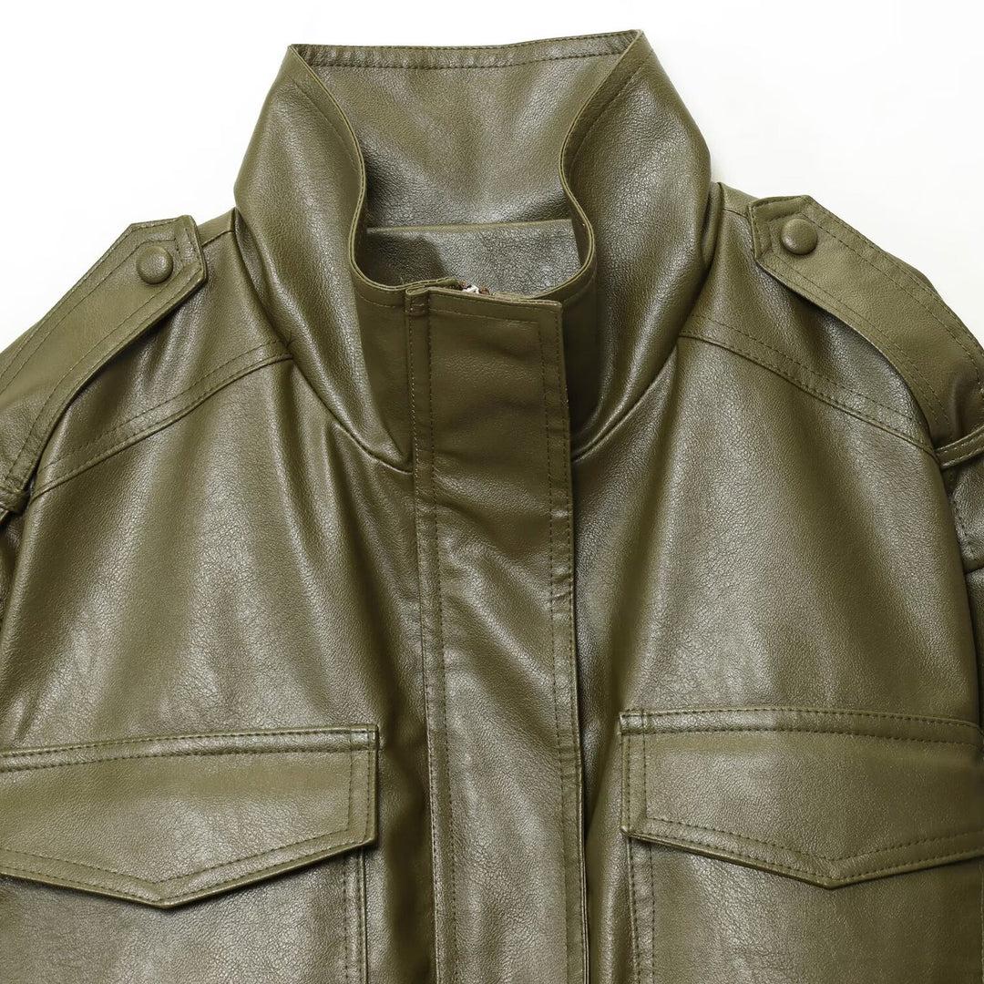 Cropped biker jacket for women with shoulder pads and large pockets Lune London