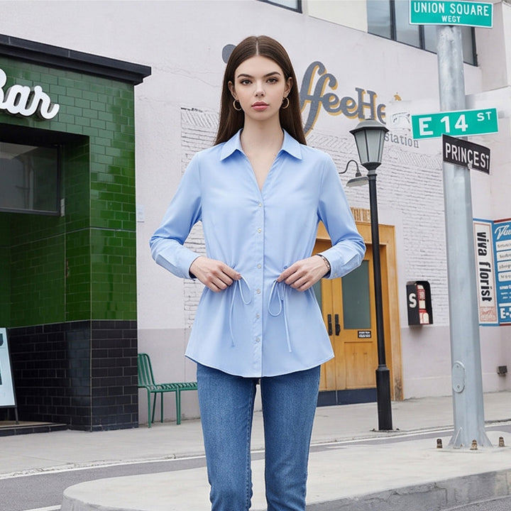 Women Lightweight Blouse with Drawstring Waist and Classic Shirt Collar Amarae