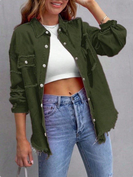Women Casual Oversized Denim Shirt Jacket with Raw Hem and Patch Pockets Amarae