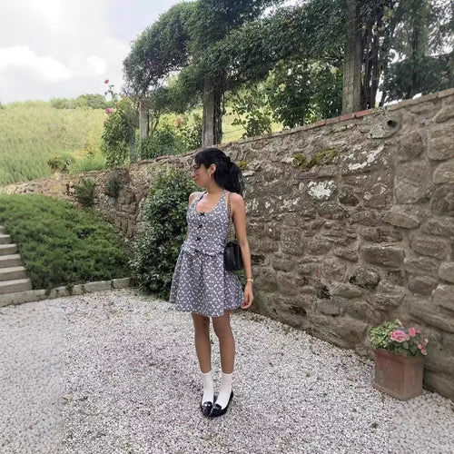 Leisure dress for ladies with a playful backless design and a floral plaid pattern Amarae