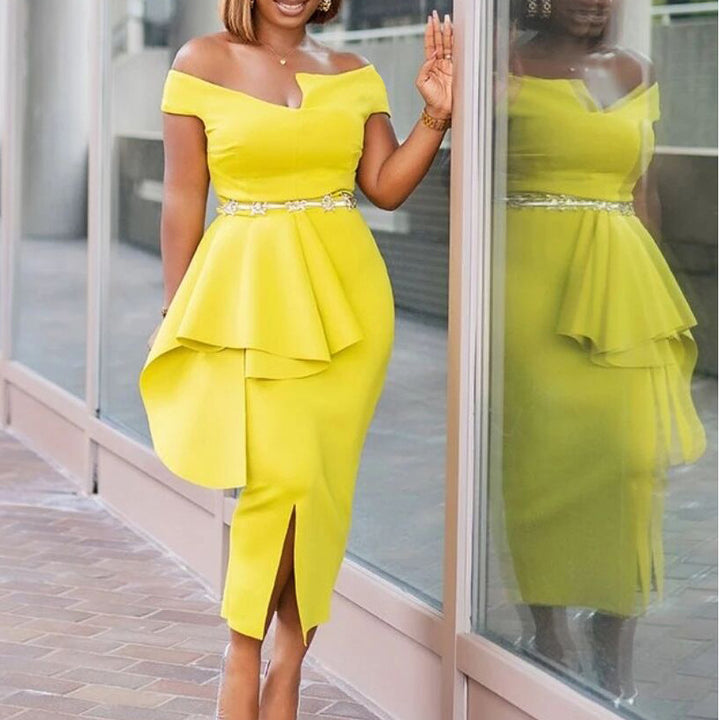 Sheath dress for women with asymmetrical pleats and elegant slit Lune London