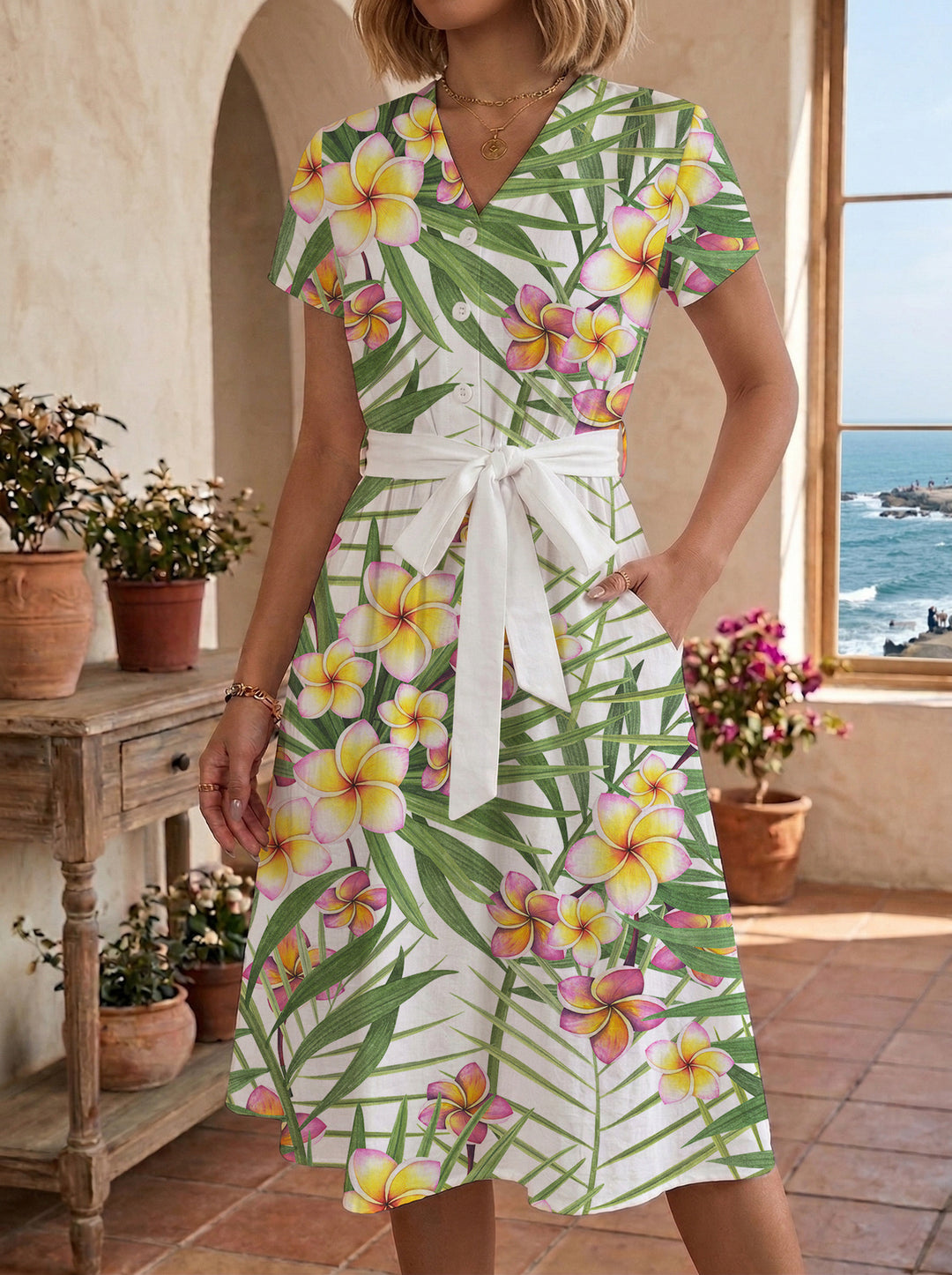 Women's Midi Dress with Floral Accents and Tailored Fit Lune London