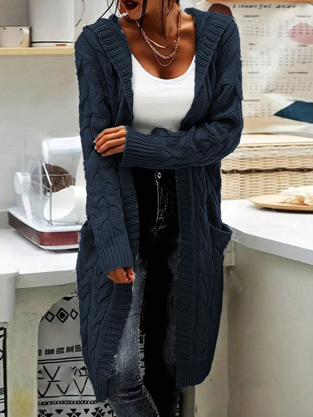 Chunky knit jacket for women with high-quality raised patterns and practical pockets Lune London