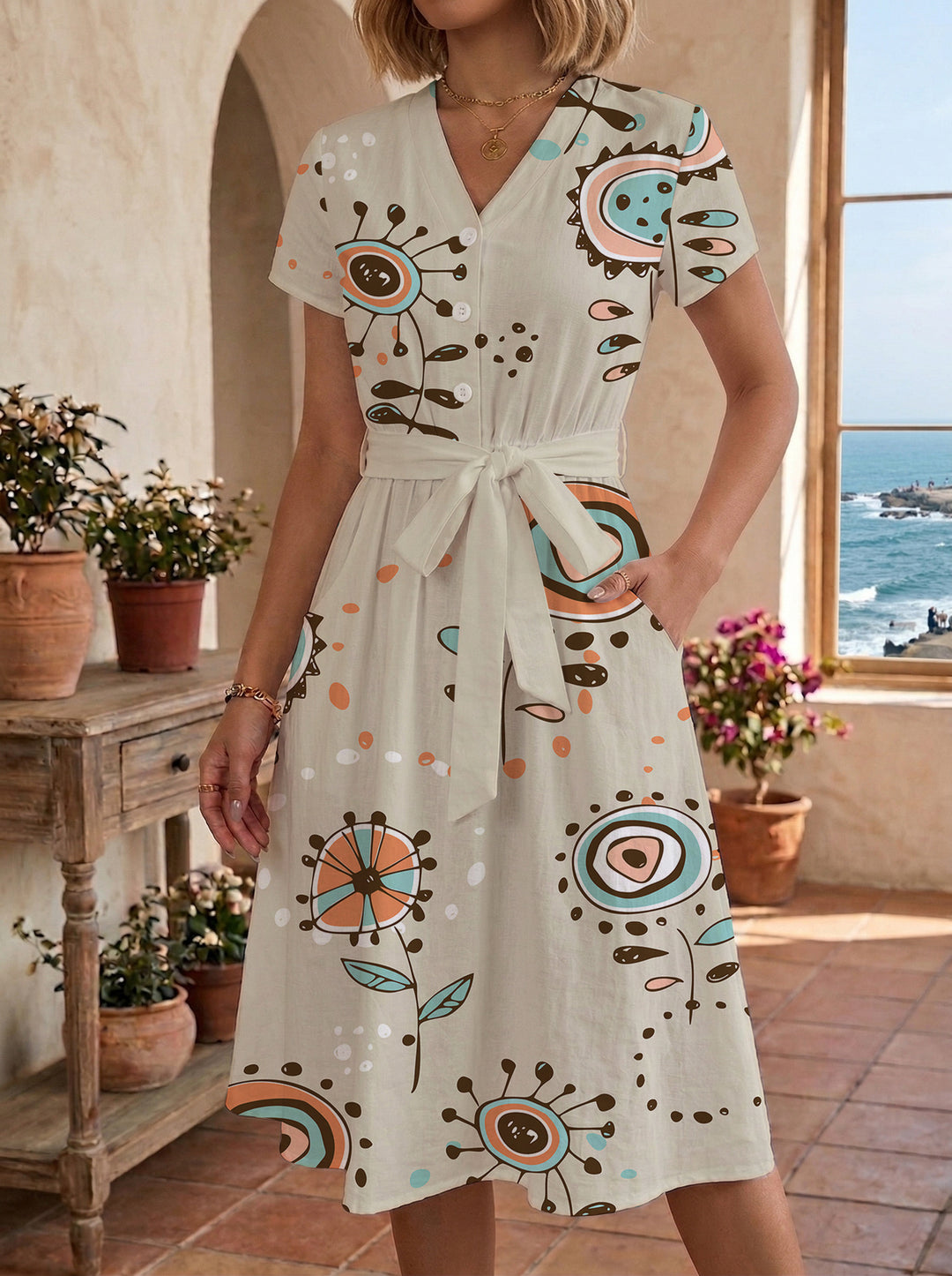 Women’s midi dress with colorful floral design and adjustable tie belt Lune London