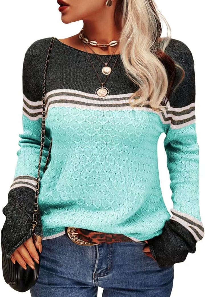 Pull tricoté décontracté pour femmes avec des blocs de couleur contrastants et une texture unique Chic & Stil