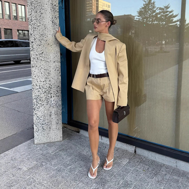 Women's Two-Piece Blazer Set with Long Shawl Collar and High-Waisted Shorts Amarae