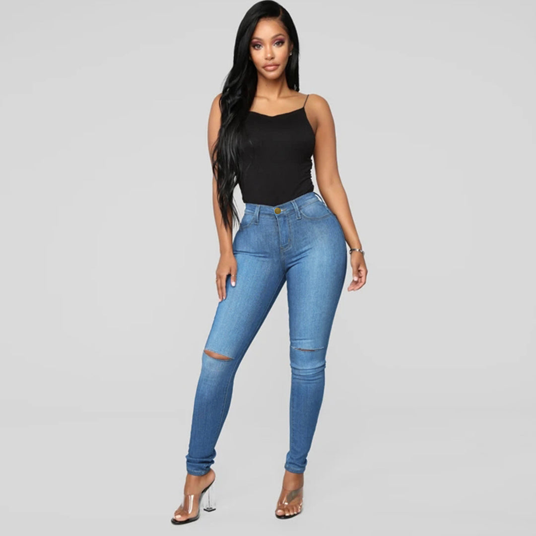 Women's High-Waist Skinny Jeans with Knee Rips and Figure-Flattering Cut Amarae