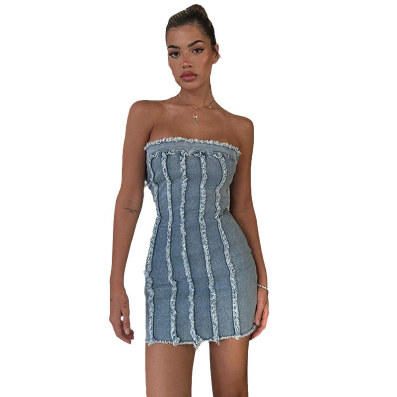 Women’s denim look pencil dress with ruffles and frills Lune London