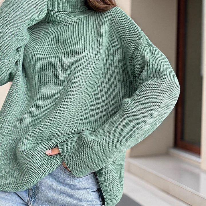 Women Oversized Ribbed Knit Turtleneck Sweater with Extended Cuff Amarae
