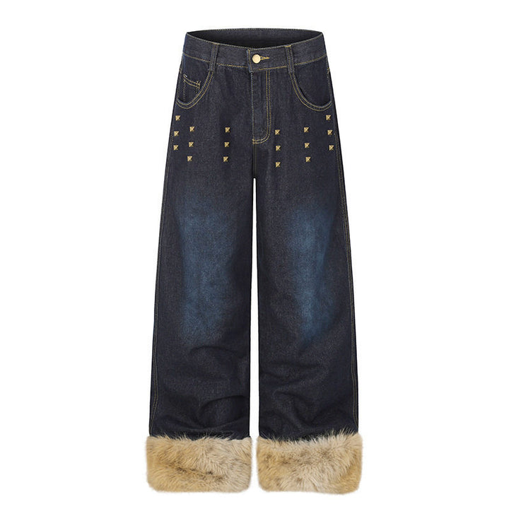 Women's Wide Denim Palazzo Jeans with Fur Cuffs and Studs Amarae