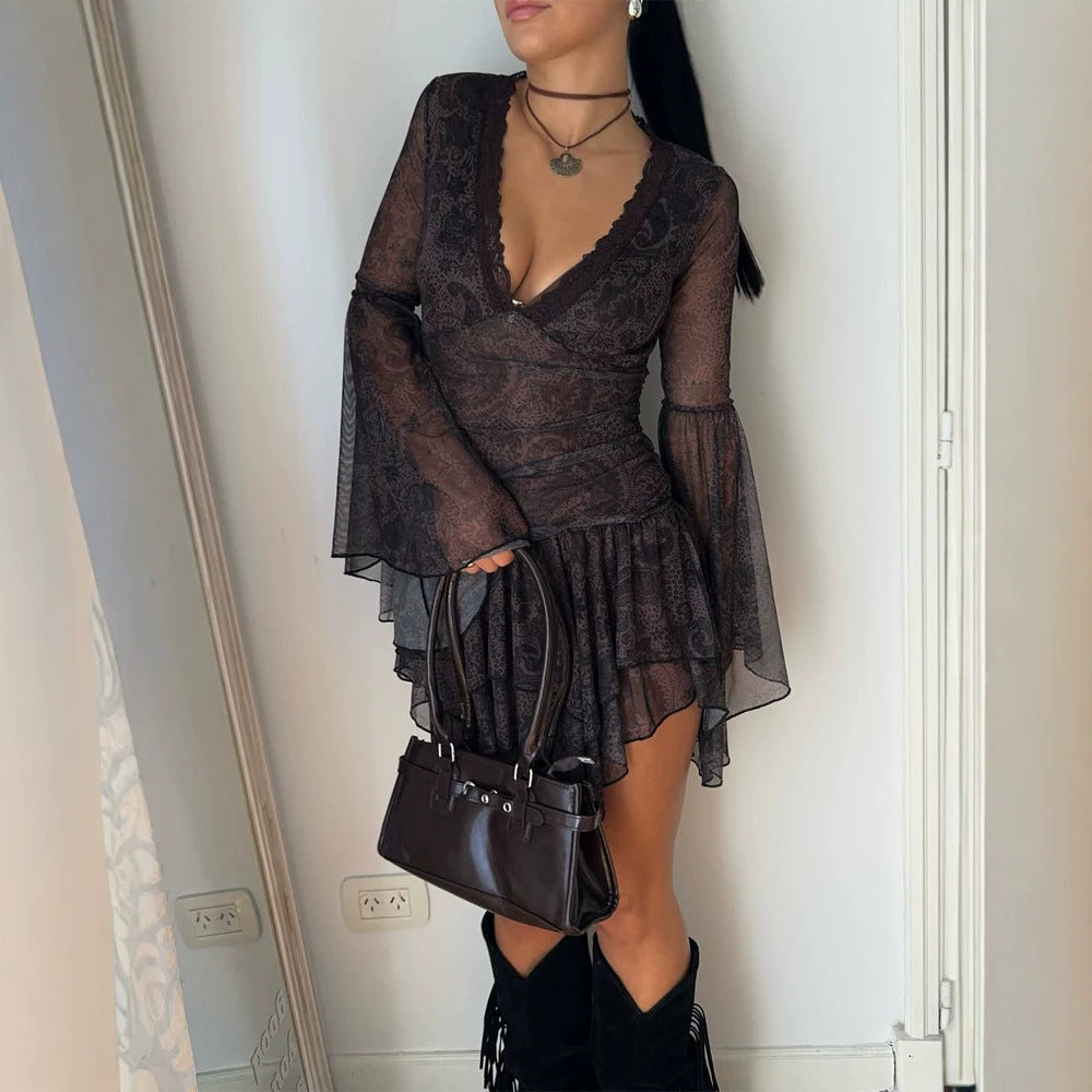 Ladies Transparent Lace Mini Dress with Deep V-Neck, Ruffled Skirt & Bell Sleeves Amarae