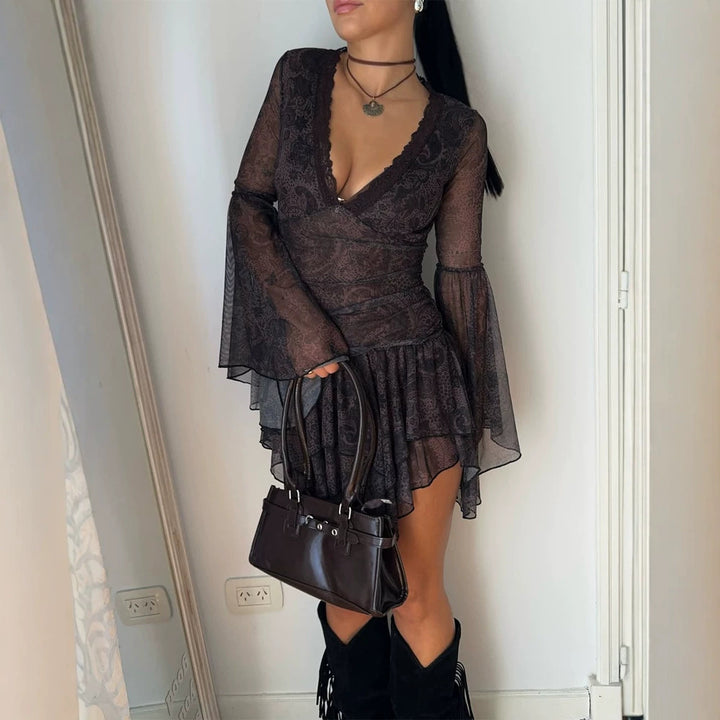 Ladies Transparent Lace Mini Dress with Deep V-Neck, Ruffled Skirt & Bell Sleeves Amarae