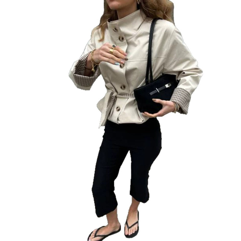 Women's Short Tailored Faux Leather Jacket with Stand-Up Collar, Check Cuffs & Tie Belt Amarae
