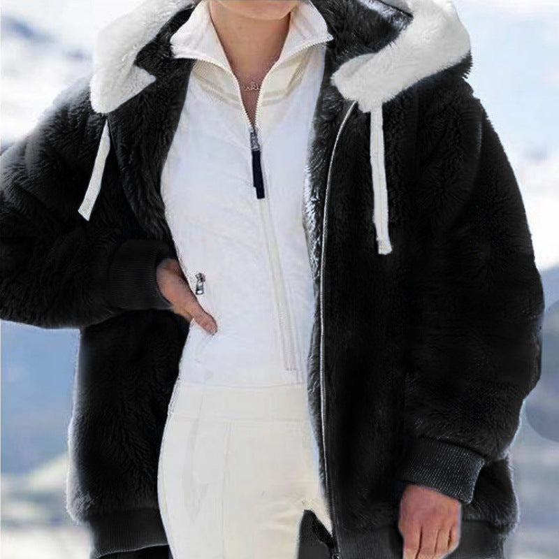 Women's Oversized Sherpa Zip Jacket with Contrast Collar, Ribbed Cuffs, and Drawstring Amarae