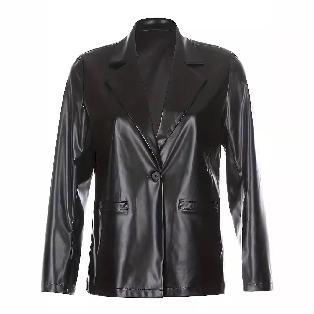 Women's Oversized Leather Look Blazer with Emphasized Shoulder Section and Glossy Finish Amarae