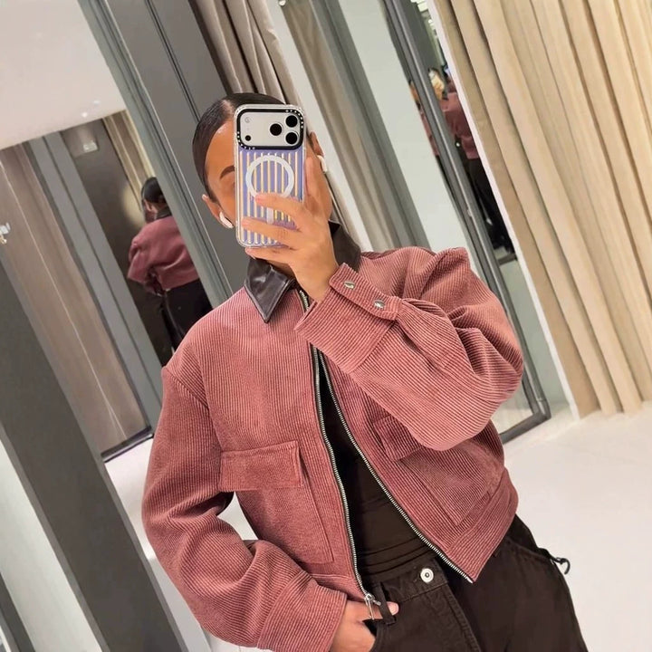 Women's Short Cord Jacket with Contrasting Leather Collar, Oversized Silhouette and Metal Zipper Amarae