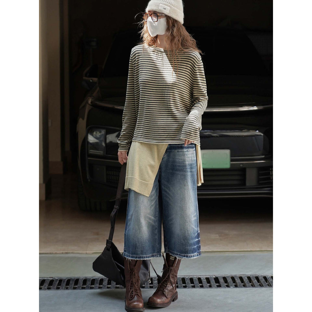 Women’s Maritime Oversize Knit Shirt with Fine Rib Structure and Round Neck Amarae