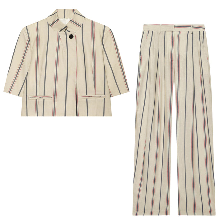 Women's loose linen trousers with pleats, high waistband and vertical stripes Amarae