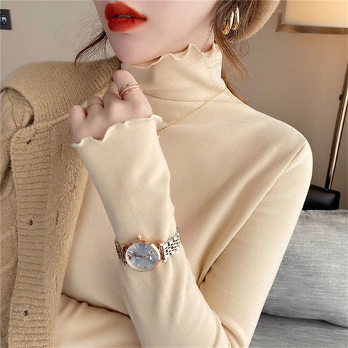 Women's Long Sleeve Turtleneck Top with Fine Rib Design and Casual Fit