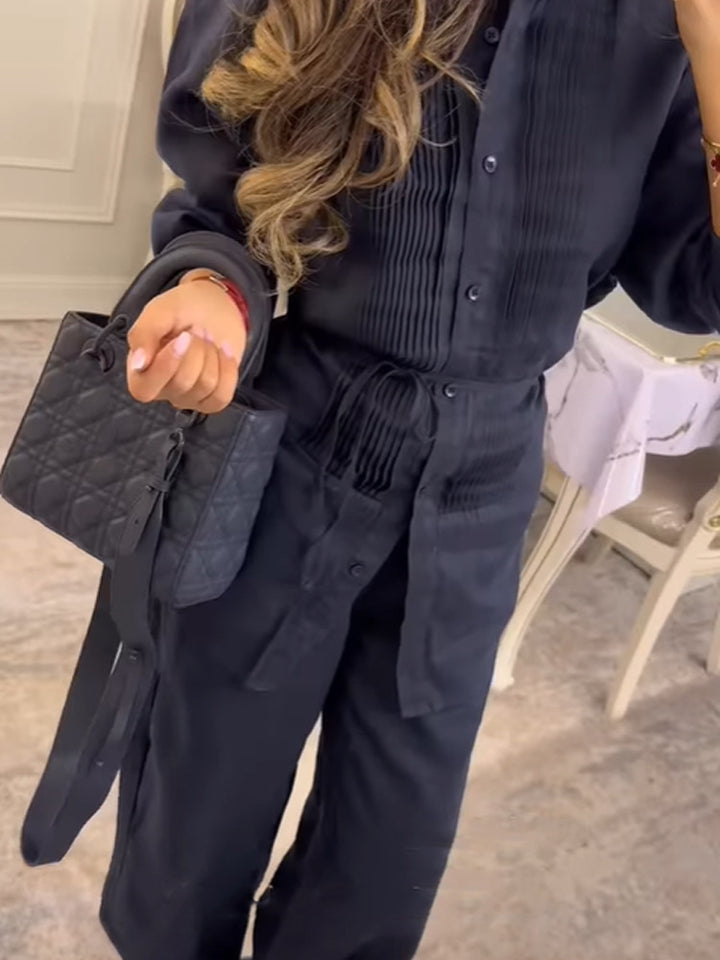 Women Long Shirt Blouse with Fine Pleats, Stand Collar and Tied Belt Amarae