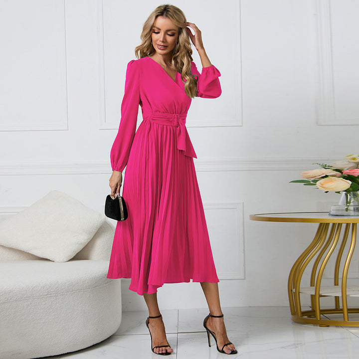 Ladies Elegant Wrap Dress with Pleats and Chic Belt Detail and Style