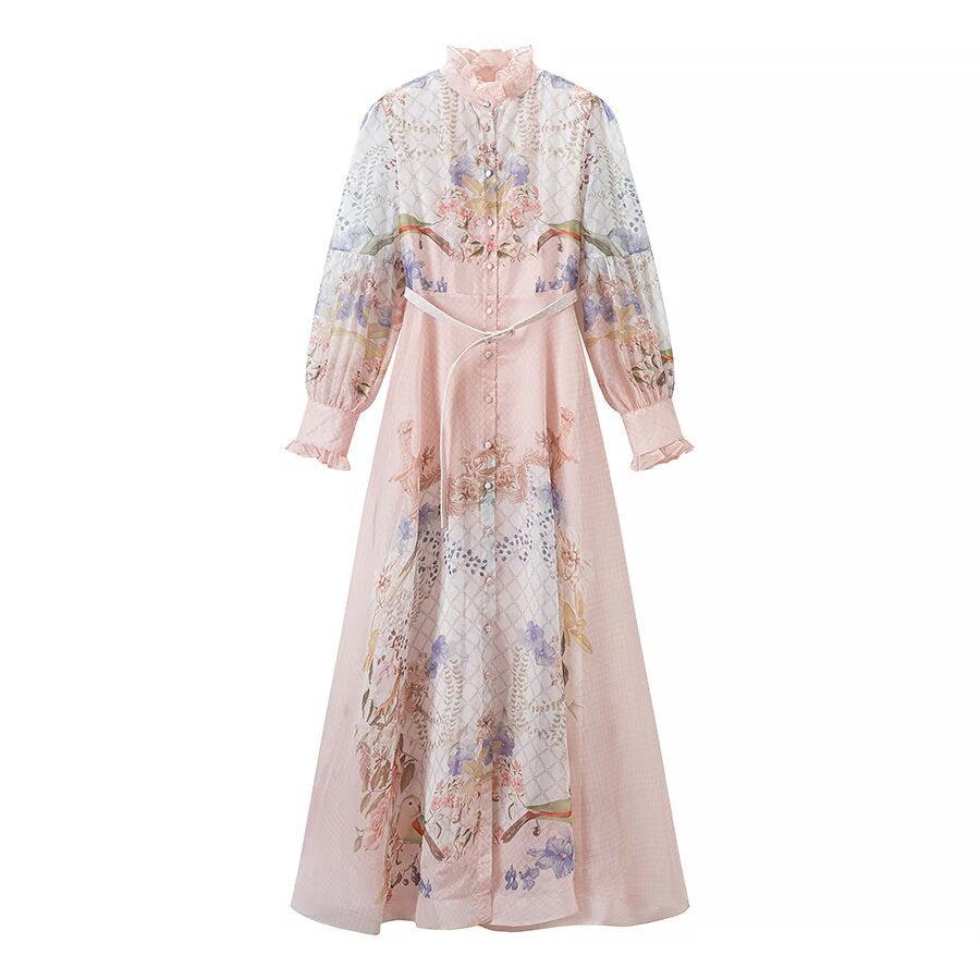 Women’s maxi dress with ruffled collar, transparent chiffon overlay, and fitted button placket Amarae
