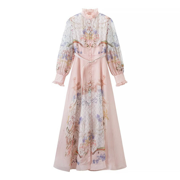 Women’s maxi dress with ruffled collar, transparent chiffon overlay, and fitted button placket Amarae