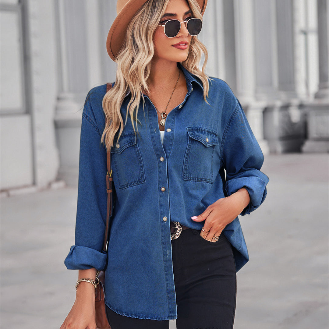 Casual women's denim jacket with patch pockets and Lune London button details