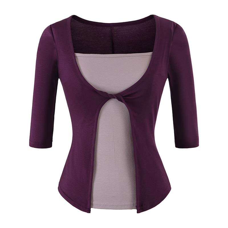 Women Layered Look Shirt with Knot Front, Three-Quarter Sleeves and Integrated Under Top Amarae