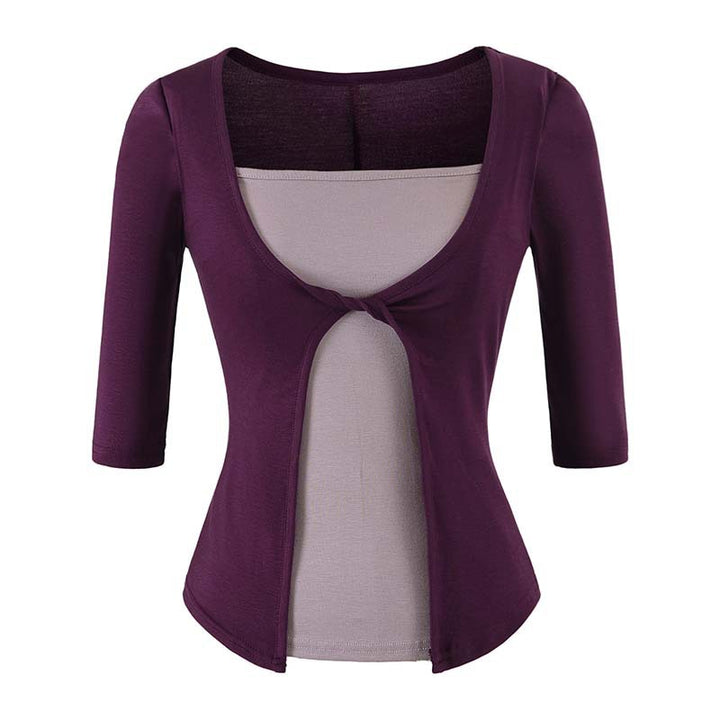 Women Layered Look Shirt with Knot Front, Three-Quarter Sleeves and Integrated Under Top Amarae