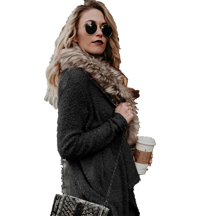 Ladies plush cardigan with removable faux fur hood and chic elegant silhouette