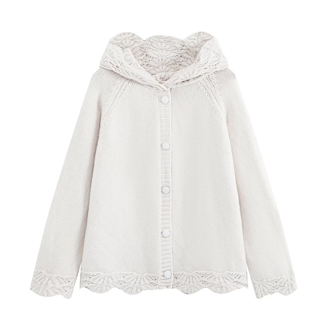Women's fine knit cardigan with hood, button placket and crocheted trim Amarae