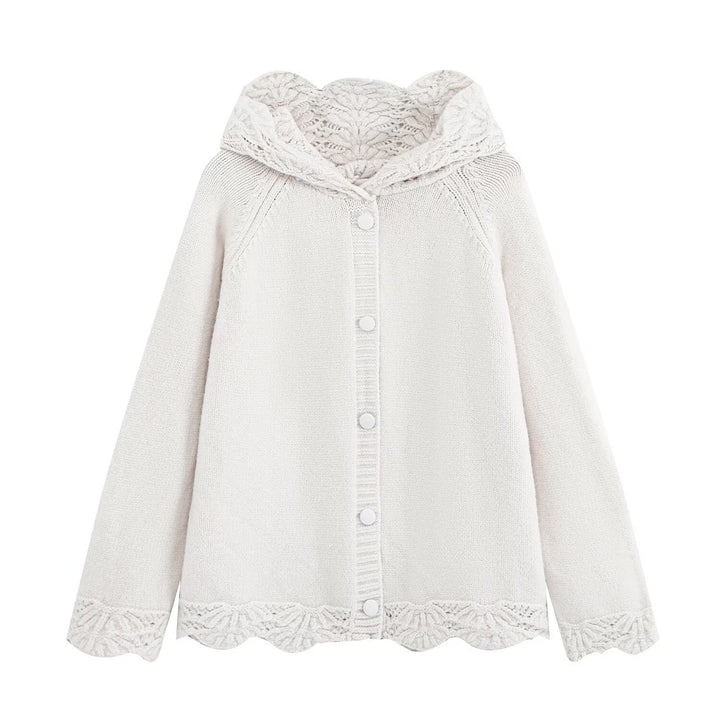 Women's fine knit cardigan with hood, button placket and crocheted trim Amarae