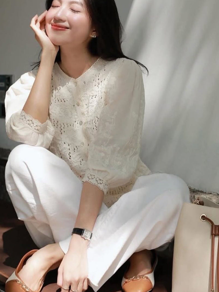Women's Romantic Crochet Blouse with Continuous Button Placket, V-Neck and Three-Quarter Balloon Sleeves Amarae