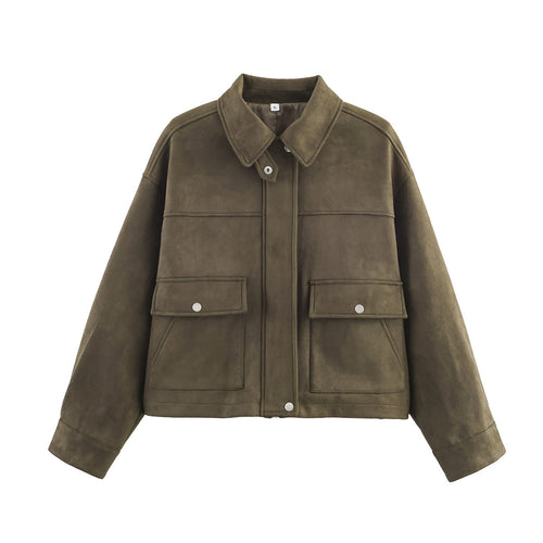 Veste courte pour femme en faux cuir doux avec poches pratiques