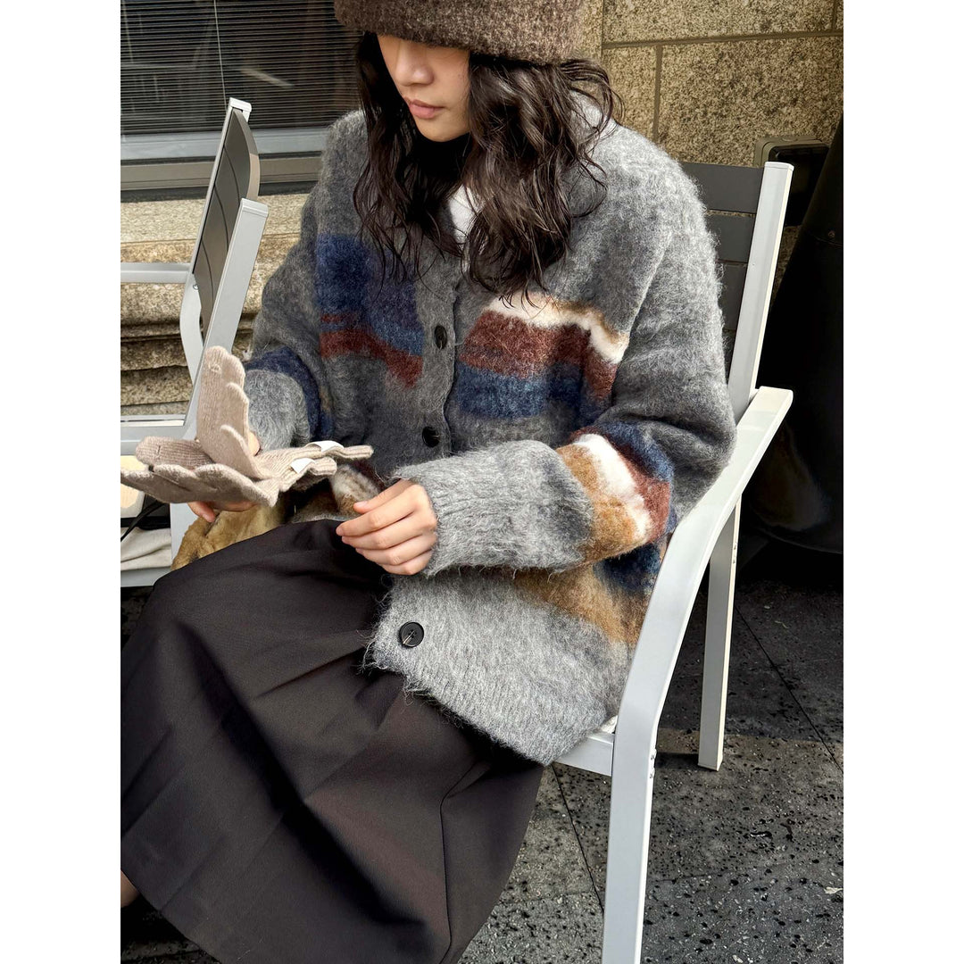 Women Cozy Mohair-Optics Checkered Button Cardigan with Oversize Silhouette Amarae
