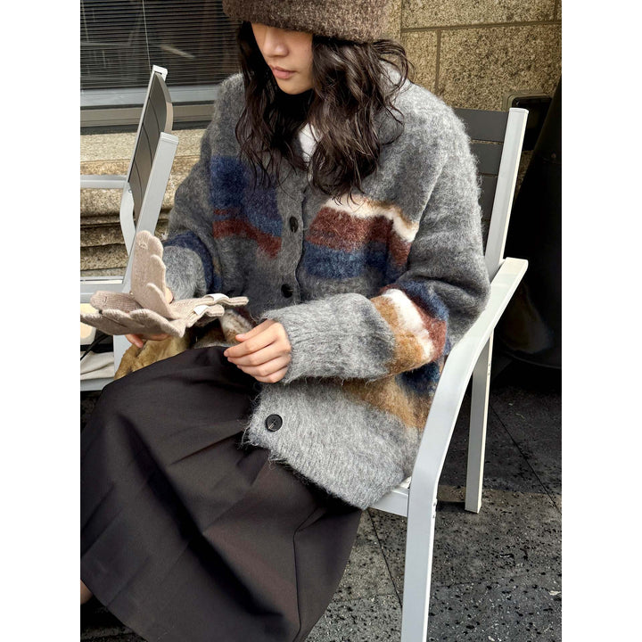 Women Cozy Mohair-Optics Checkered Button Cardigan with Oversize Silhouette Amarae