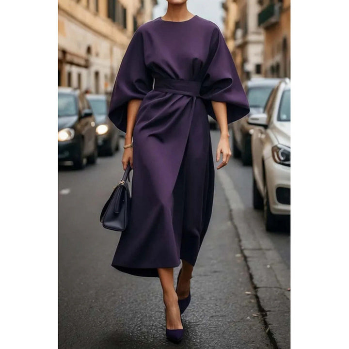 Ladies Elegant Midi Dress with Wide Kimono Sleeves and Fitted Wrap Waist Amarae