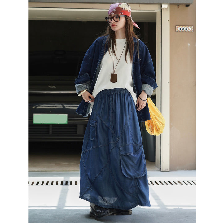 Women's Long Denim Maxi Skirt with Elastic Drawstring Waistband and Attached Cargo Pocket Amarae