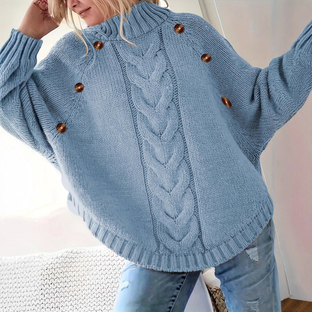 Chunky knit sweater for women with high neck and decorative buttons Lune London
