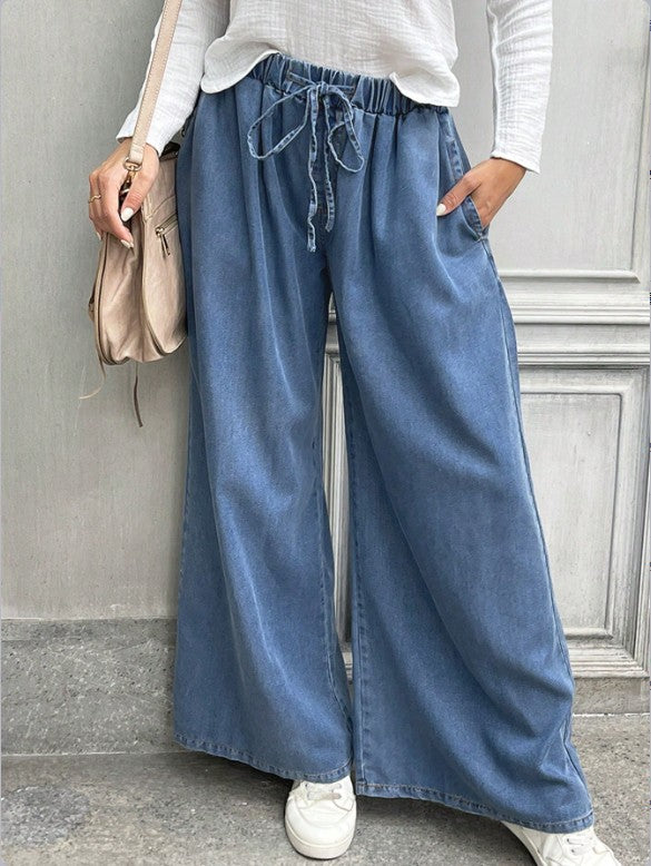Women's Relaxed Palazzo Jeans with Drawstring Waist, Side Pockets and Extra Wide Leg Amarae
