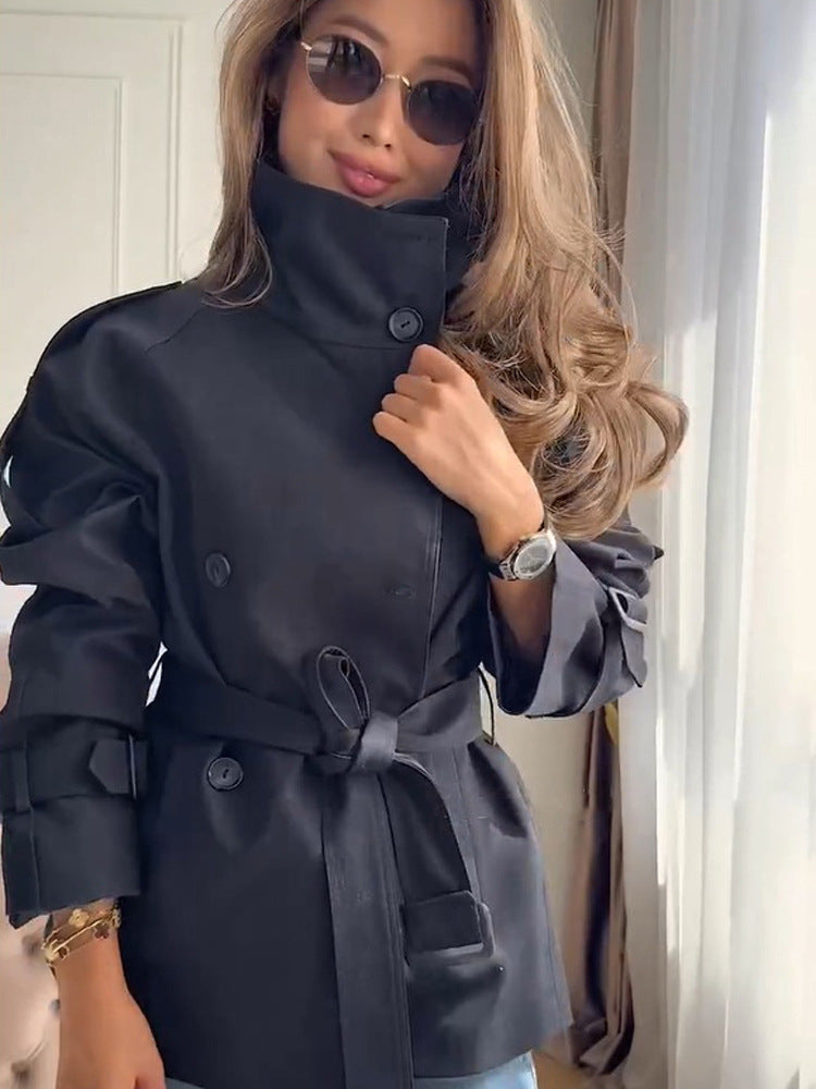Women's Short Boxy Trench Coat with High Standing Collar, Double-Breasted Front & Waist Belt Amarae