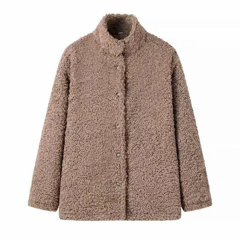 Comfortable fleece jacket for women with high collar and snap button closure Lune London