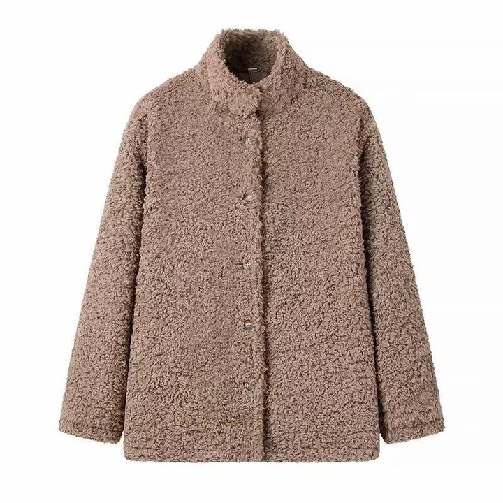 Comfortable fleece jacket for women with high collar and snap button closure Lune London