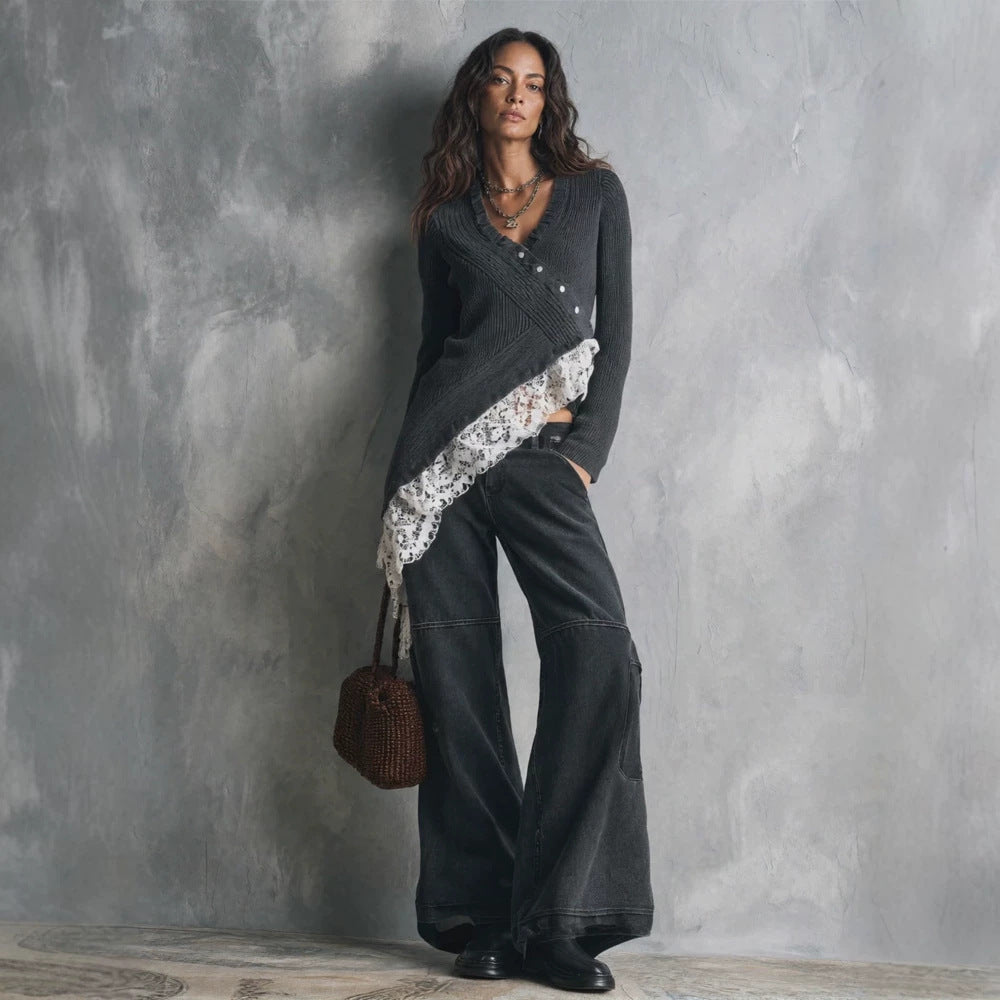 Women's Asymmetrical Knit Cardigan with Lace Trim and Button Placket Amarae