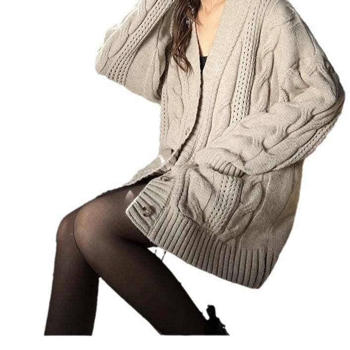 Knit cardigan for women with deep V-neck and structured twisted pattern Lune London