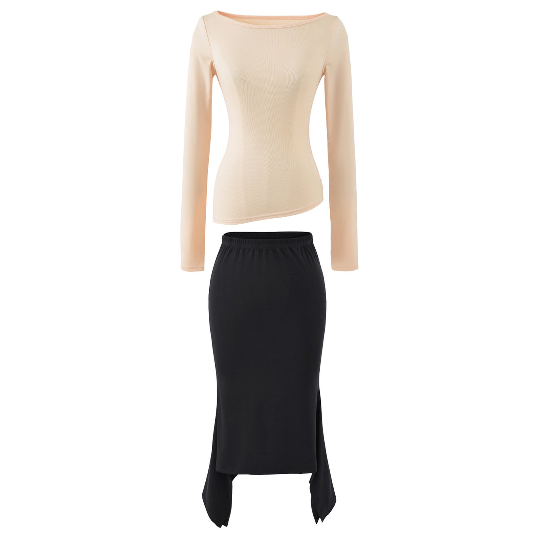 Women's Two-Piece Set with Fitted Long Sleeve Top and Maxi Skirt with Slit Amarae
